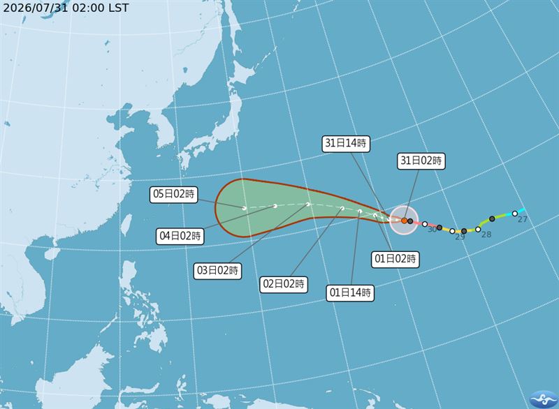 中央氣象署31日2時最新預測。(圖/翻攝自中央氣象署)