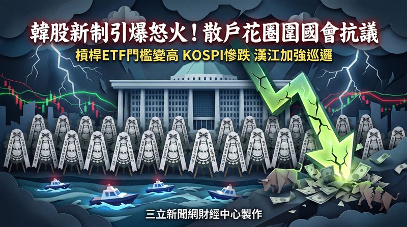 韓國股災散戶因單股槓桿ETF而損失慘重，日前就把怒火灑在韓國國會議事堂。他們不滿政府新制未廢除單股槓桿ETF，於29日在國會門前擺放了30的弔唁花圈，批評政府「投資者保護只是嘴上說說」。（圖／三立新聞網財經中心蕭榕AI製圖）
