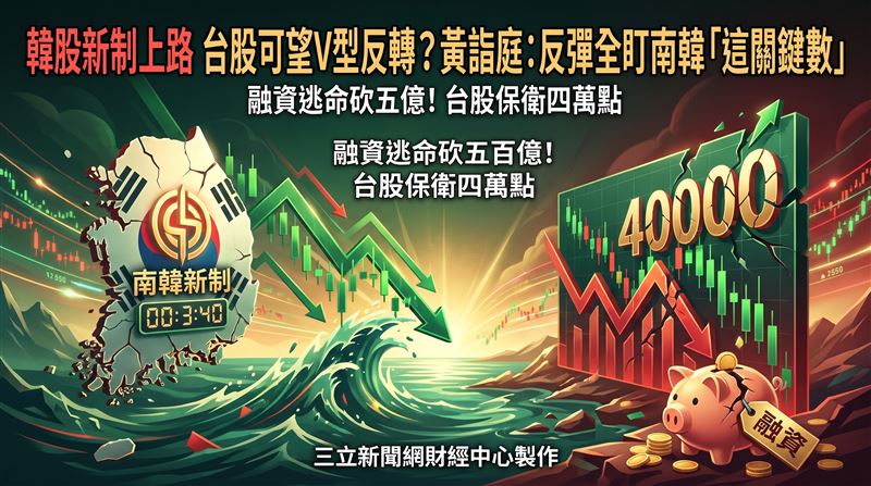第一金投顧董事長黃詣庭點出,南韓七月底實施保證金新制,引爆散戶急拋售,成為全球股市與台股短線止跌的重大關鍵指標。台股融資餘額暴減逾五百億元,面對上方龐大套牢量,黃詣庭坦言V型反轉機率低,大盤面臨將保衛四萬點並測試季線支撐。專家黃詣庭深度剖析,南韓無差別殺盤連帶拖累台股信心,唯有等待籌碼徹底沉澱,板塊資金才能重回基本面。(圖/AI製圖)