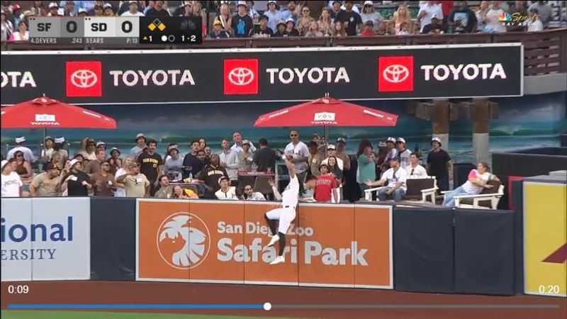 小塔提斯（Fernando Tatis Jr.）超神美技，3分砲接成高飛犧牲打。（圖／翻攝自MLB官網）
