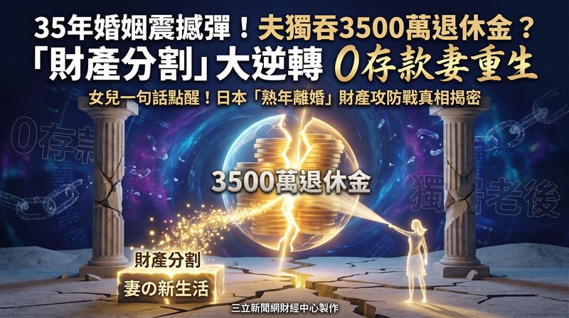 日本一名66歲丈夫退休後突向妻子提出離婚,並主張退休金全數歸自己所有,讓婚後35年未曾工作的妻子一度陷入焦慮,最終透過財產分割制度爭取到應得權益。(圖/三立新聞網財經中心蕭榕AI製圖)