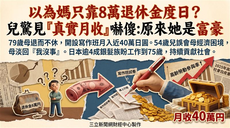 日本79歲女性久美子(化名)雖領有退休金,仍持續批改考卷、指導論文寫作,月收入最高近40萬日圓。(圖/三立新聞網財經中心蕭榕AI製圖)