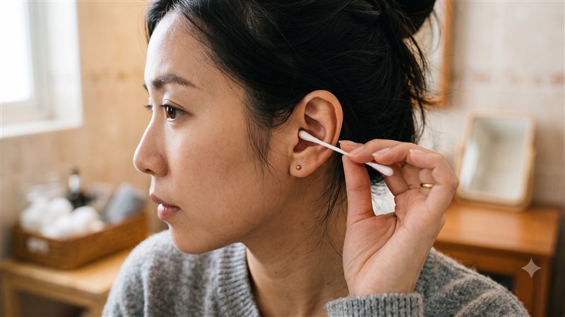 藥師陳詩育提醒,若經常用棉花棒深入掏耳,可能將耳垢越推越深,甚至造成耳膜受傷或耳道感染。(示意圖/AI製圖)