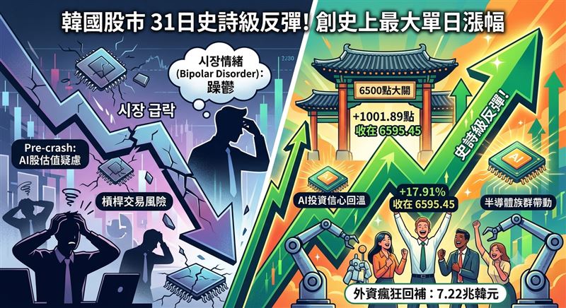 韓股31日迎來史詩級反彈,狂飆18%站回6500點。不過,美國財經媒體引述分析師說法,直指這種暴漲暴跌的走勢,就如同「躁鬱症」。(圖/三立新聞網財經中心AI製圖)