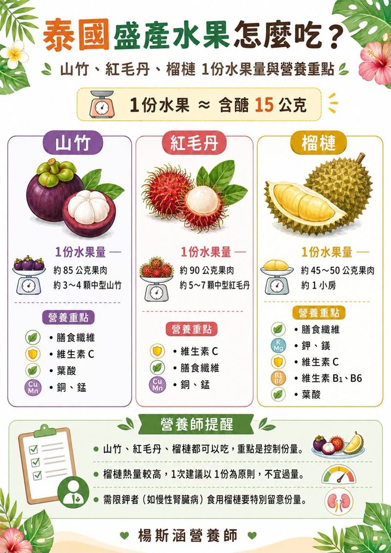 營養師楊斯涵表示,泰國常見水果雖富含多種營養素但若一次吃太多,可能導致醣類及熱量攝取超標。(圖/翻攝自楊斯涵臉書)