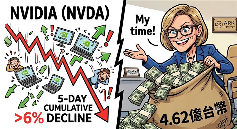 「女股神」伍德鎖定AI晶片龍頭輝達（Nvidia），趁股價近5個交易日累計下跌逾6%之際出手抄底，旗下方舟基金於週二買進7萬3166股輝達，價值約1430萬美元（約4.62億台幣）。（圖／AI製圖）