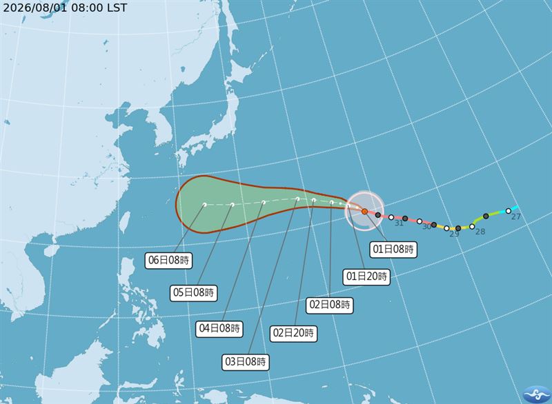 中央氣象署1日上午8時最新預測。（圖／中央氣象署）