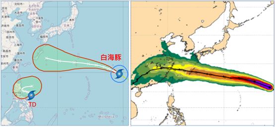 右圖：最新歐洲模式系集模擬顯示，未來10天的「暴風範圍侵襲機率圖」顯示，系集平均路徑經日本琉球附近、東海南部、再登陸浙江、福建交界，暴風範圍侵襲機率琉球一帶為70%，臺灣北部海面的機率約在50%，陸地的機率亦達20%左右。（圖／洩天機教室）