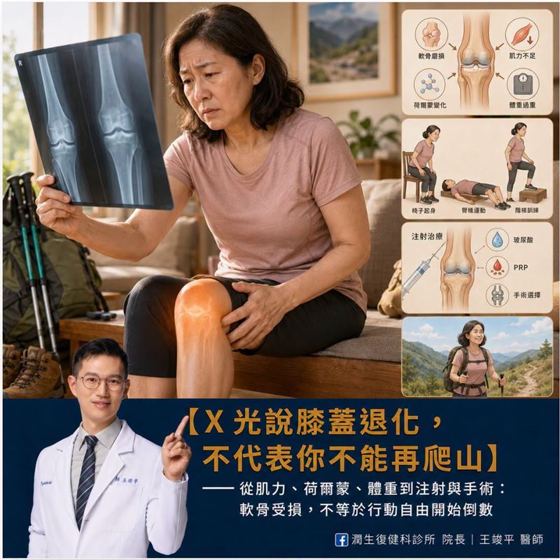 醫師王竣平表示,X光指膝蓋退化,不代表人不能再爬山。(圖/取ˋ自臉書)