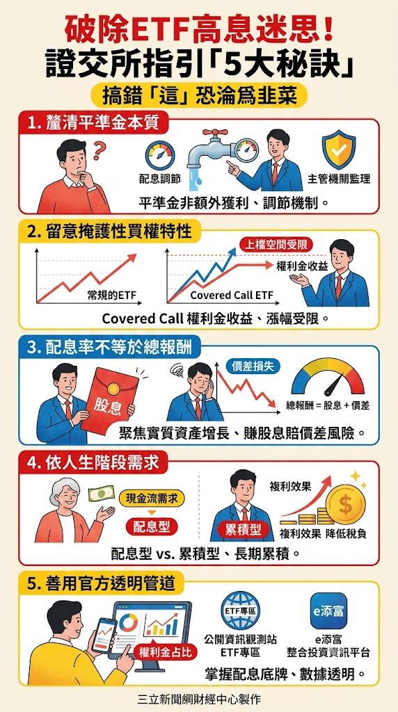 台股ETF持續熱絡,證交所日前發布官方指引示警高息迷思。平準金本為調節機制非額外獲利,熱門的掩護性買權雖增添權利金收益,大漲時卻易限縮上檔空間。專家定調配息率不等於真實報酬率,長期操作應回歸總報酬,避免陷入賺股息賠價差的泥沼。(AI製圖)