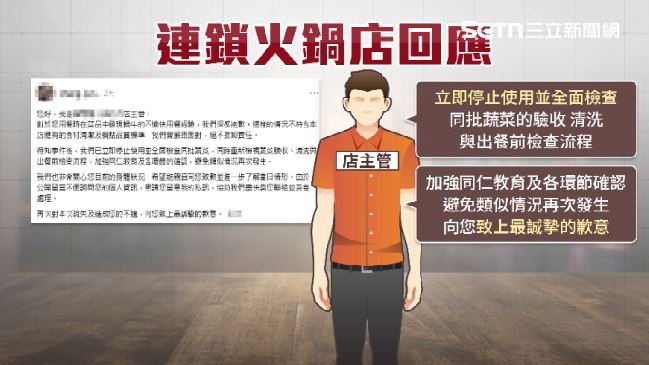 火鍋店主管致歉表示,當下已立即停止使用,並全面檢查同批蔬菜與出餐的檢查流程