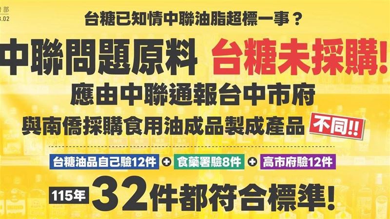 民進黨闢謠：台糖未採購中聯問題原料！