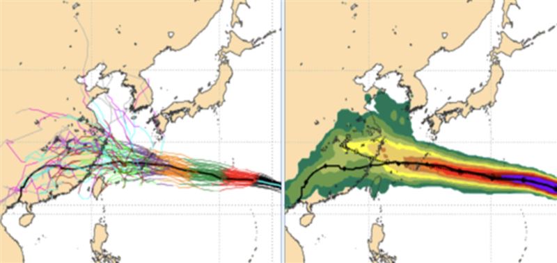 左圖:最新(2日20時)歐洲(ECMWF )模式系集模擬顯示,5天之後各別模擬路徑如麻花一般、分散度也加大。右圖:最新(2日20時)歐洲(ECMWF )系集模式未來10天的「暴風範圍侵襲機率圖」顯示,系集平均路徑通過東海南部、再登陸浙江(黑虛線),暴風範圍侵襲機率在東海南部約為50%,臺灣北部海面的機率約在40%,北部陸地的機率約在20%。(圖/翻攝自洩天機教室官網)
