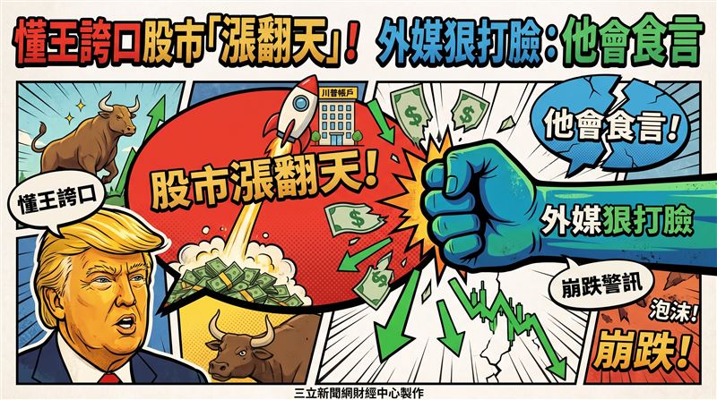 美國總統川普(Donald Trump)愛把美股當作自己的政績宣傳,近期他又誇口「股市將漲翻天」(the market's going to go through the roof)。但財經媒體《Motley Fool》毫不留情,直言根據歷史經驗,「他恐怕即將食言」(he may soon be eating those words)。(圖/三立新聞網財經中心蕭榕AI製圖)