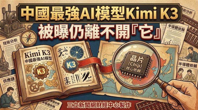 中國最強AI開源模型Kimi K3遭爆料，算力來源依然是輝達（Nvidia）晶片。見即便美國收緊出口管（圖／三立新聞網財經中心蕭榕AI製圖）制，中國AI發展仍離不開西方晶片