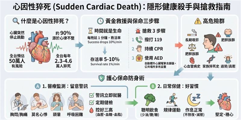 醫師表示,心因性猝死就是心臟突然停止跳動,近9成是因心律不整。全台預估50萬人有心律不整的問題。(圖/取自振興醫院的臉書)