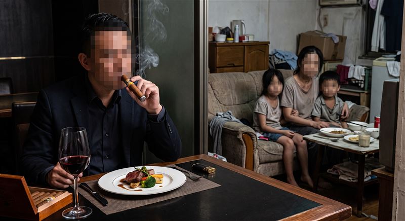 爸爸工作薪水只花在自己身上,抽昂貴香菸、吃高檔食物,完全不顧家庭開銷,不照顧妻子及2名子女。(示意圖/AI製圖)