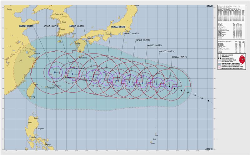美軍聯合颱風警報中心(JTWC)發布最新預報指出,預計將於世界協調時間8日0時(台灣時間8日上午8時)左右,通過距離台北最近的位置。(圖/翻攝自JTWC官網)
