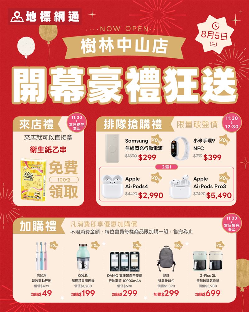 地標網通樹林中山店8月5日開幕,免消費拿衛生紙、小米手環5折、蘋果耳機破盤最低67折。(圖/品牌業者提供)