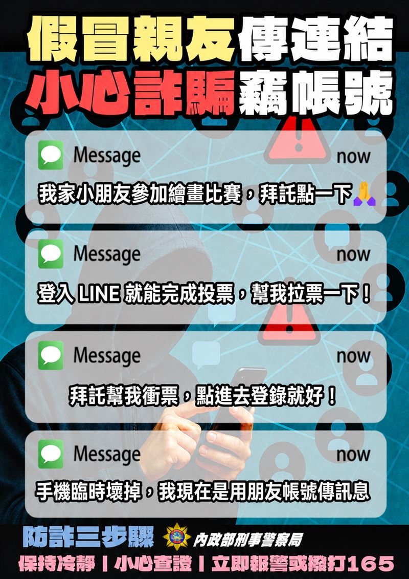 「幫忙投票」是釣魚陷阱!刑事局源頭防,LINE盜用月均降逾9成。(圖/刑事局提供)