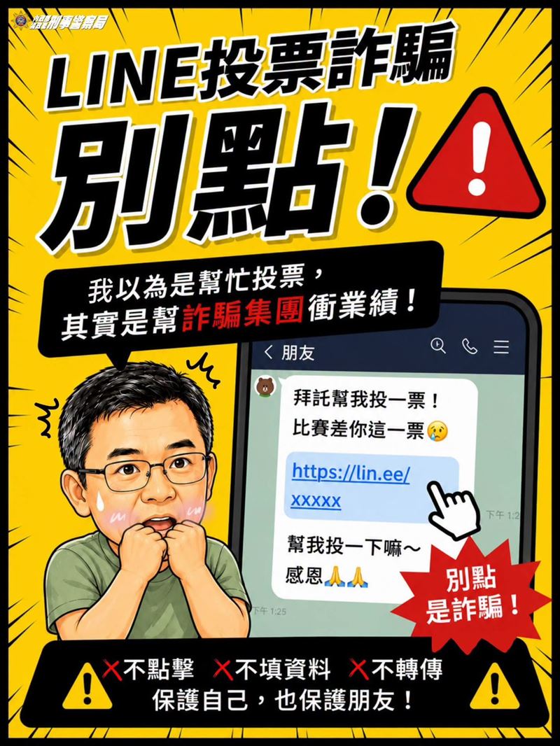 「幫忙投票」是釣魚陷阱!刑事局源頭防,LINE盜用月均降逾9成。(圖/刑事局提供)