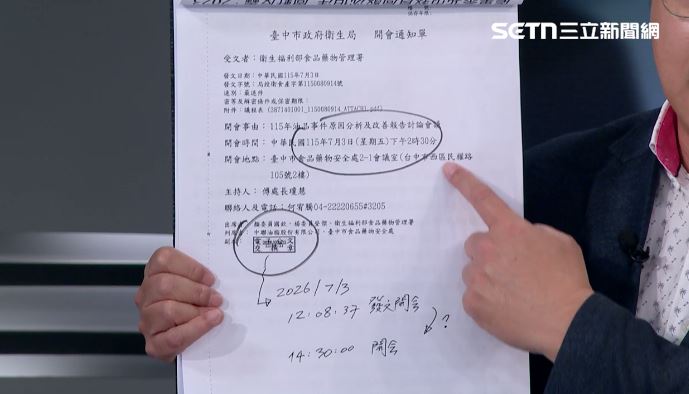 王義川出示台中市政府的開會通知單。（圖／前進新台灣）