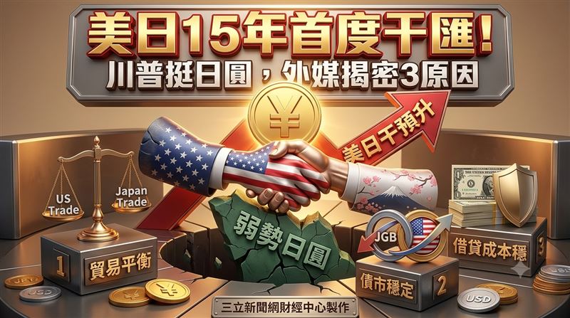 美國川普罕見出手干預匯市，力挺日圓，創下15年來美日首度聯手干匯的紀錄。對此，外媒分析，川普是為避免日本因為弱勢日圓取得貿易優勢，也是憂心日本債市的動盪會蔓延美債，更是害怕東京會大舉拋售美債，造成美國借貸成本攀升。（圖／三立新聞網財經中心蕭榕AI製圖）