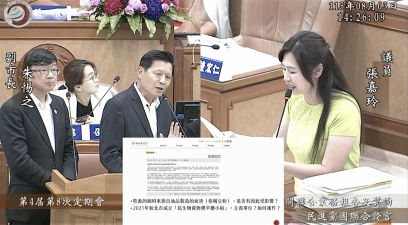 張嘉玲針對新北市政府於2021年成立的「民生物資物價平穩小組」的召集人及主責單位進行詢問,現場官員卻語塞無法解答,場面一度尷尬。朱惕之則表示,經發局及農業局都不是自己督導的局處,總之督導單位就是新北市政府。(圖/張嘉玲辦公室提供)