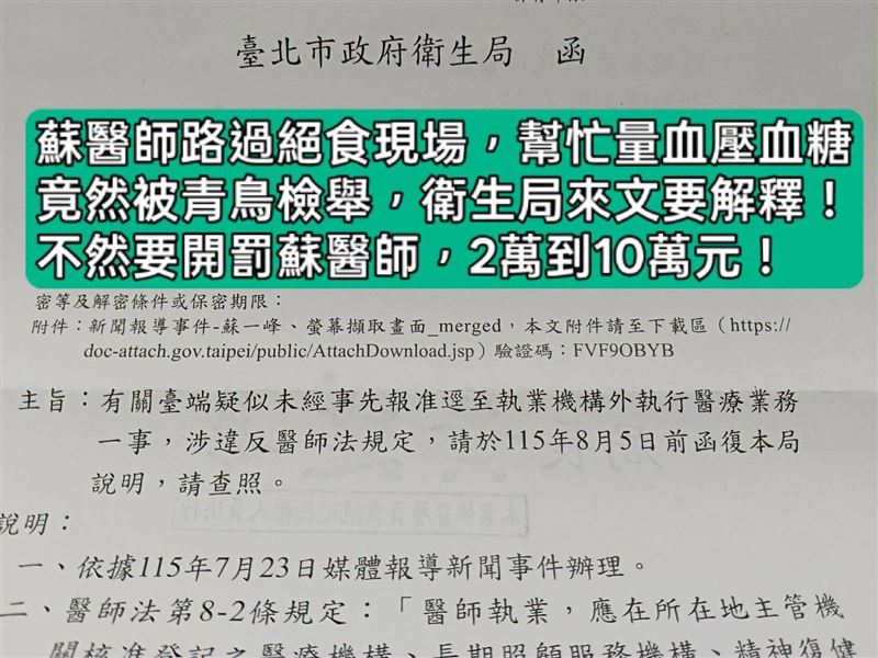 楊植斗曝光台北市衛生局發函,痛批民進黨追殺,但張育萌一看直呼,台北市衛生局明明就歸台北市長蔣萬安管啊?(圖/翻攝自楊植斗臉書)