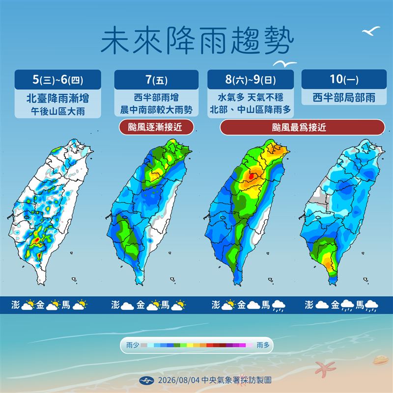 白海豚颱風接近時,中部以北雨勢最劇烈。(圖/氣象署 )