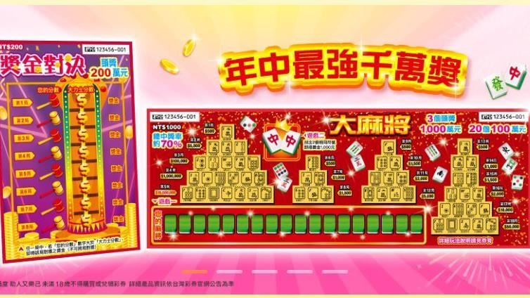 台灣彩券推出兩款全新刮刮樂,其中最受矚目的1000元刮刮樂「大麻將」,祭出3個1000萬元頭獎,總中獎率高達70.14%,成為目前市面上頭獎金額最高的刮刮樂之一。(圖/翻攝自台灣彩券官網)