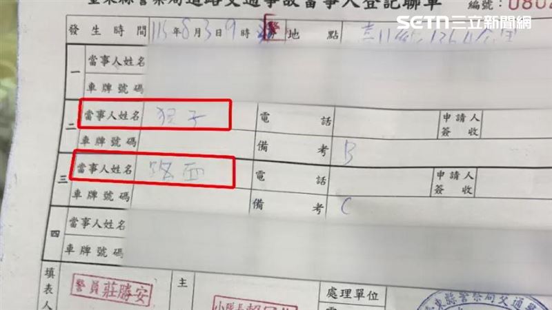 交通事故聯單當事人姓名被警方寫上猴子跟路面