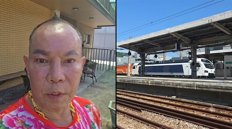 胡漢龑獨自看著鐵軌上來往的列車,眼眶泛淚感性吐露對已故父親——啟德起重創辦人胡鵬飛的深切思念。(圖/翻攝自啟德機械起重工程-股公司臉書)