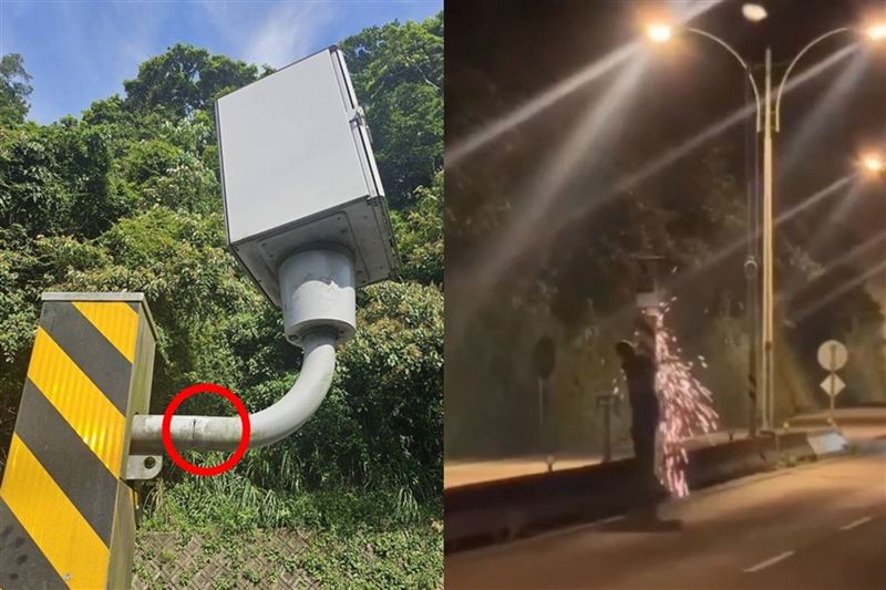 楊姓男子擔心害友人收到高額罰單甚至面臨吊扣牌照,加上自己近半年來累積大量交通違規罰款,竟心生不滿,深夜持砂輪機前往破壞測速設備。(警方提供、翻攝畫面)