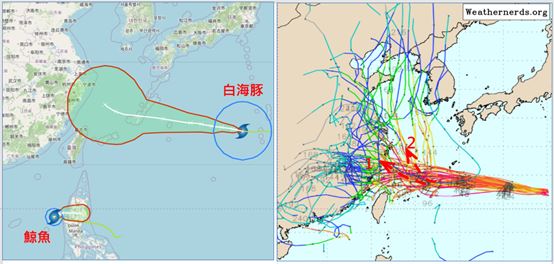 右圖:最新歐洲模式系集模擬顯示,4天之後的各別模擬路徑,因其北方高壓減弱的速度不同,造成持續西進的趨勢有差異,開始北偏的位置亦不同。(圖/洩天機教室)