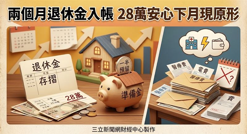 存摺上的退休金數字看似寬裕,但兩個月一次撥款的制度,稍不留意就可能讓次月生活費出現缺口。(圖/三立新聞網財經中心蕭榕AI製圖)