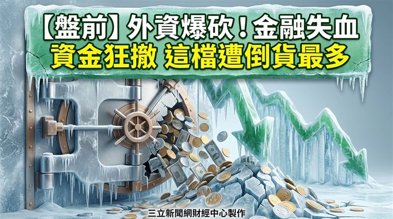 外資4日再站賣方，賣超台股逾57億元，當中金融股慘淪提款機，彰銀被倒貨3萬7600張。（圖／三立新聞網財經中心蕭榕AI製圖）