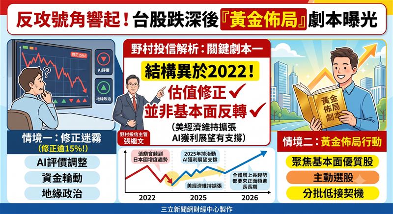 台股歷經7月中下旬劇烈震盪,單日紀錄頻創歷史。野村投信表示,此波修正主因AI評價調整與資金輪動,屬估值修正而非基本面反轉,結構異於2022年空頭,中長期多隨基本面回歸。(AI製圖)