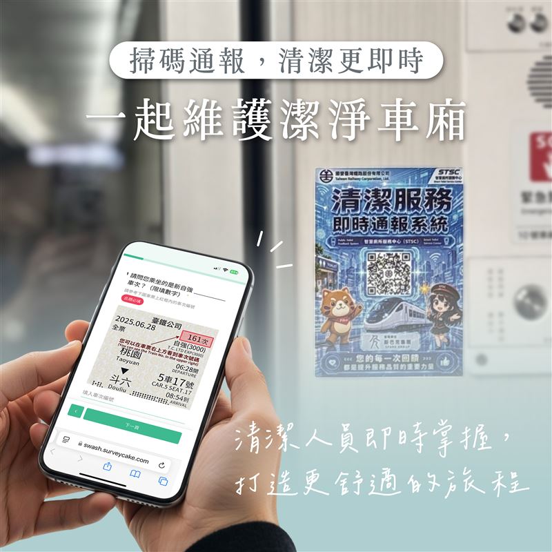 自8月1日起,EMU3000型新自強號啟用「車廂清潔通報服務」,旅客透過掃描車廂內QR Code,即可即時通報清潔需求。(圖/台鐵提供)