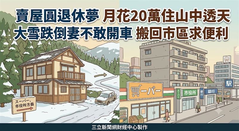 日本一對71歲退休夫妻五年前賣屋搬入山區透天厝，享受依山而居的退休生活，卻在一場大雪跌倒意外後，重新思考「沒車就寸步難行」的老後風險。（圖／三立新聞網財經中心蕭榕AI製圖）