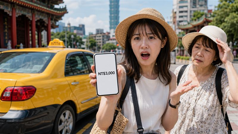 一名日本旅客透過Uber叫到一輛黃色計程車,從台北中正區希望廣場搭到國立故宮博物院,車程僅約18分鐘,信用卡卻遭扣款3000元,讓她氣得在Threads發文太誇張(示意圖/AI生成)