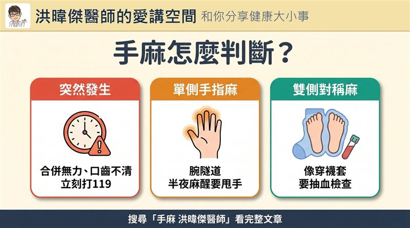 醫師洪暐傑表示,判斷手麻的嚴重性,不是先問「哪裡麻」,而是「這個麻是突然發生的,還是慢慢出現的。」(圖/取自洪暐傑的臉書)