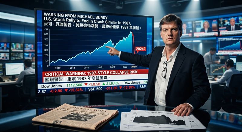 電影《大賣空》主角本尊、知名投資人貝瑞(Michael Burry)警告,美股恐怕即將觸頂,緊接而來的或是1987年崩盤慘劇重演。(圖/林浩博AI製圖)