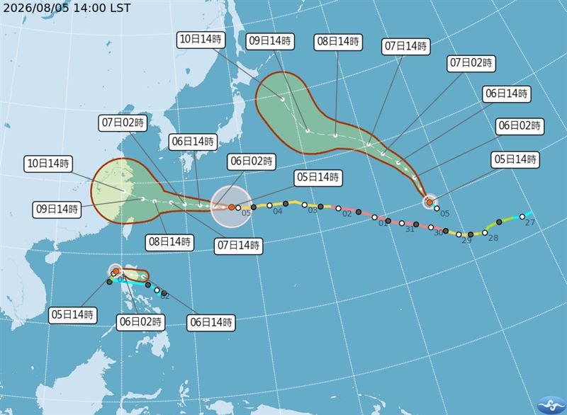 原為熱帶低壓的TD16已於5日下午2時生成為颱風「昌鴻」,故形成三颱共存的現象。(圖/氣象署提供)