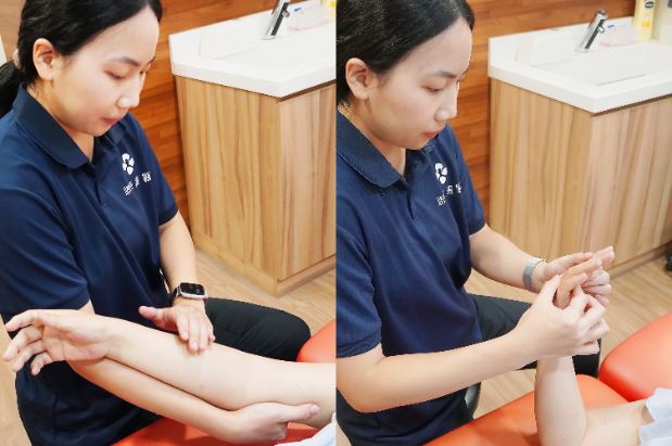 運動醫學老師運用淋巴引流舒緩照護,順著回流方向,舒緩腫脹與不適感。(圖/聯新國際醫院提供)