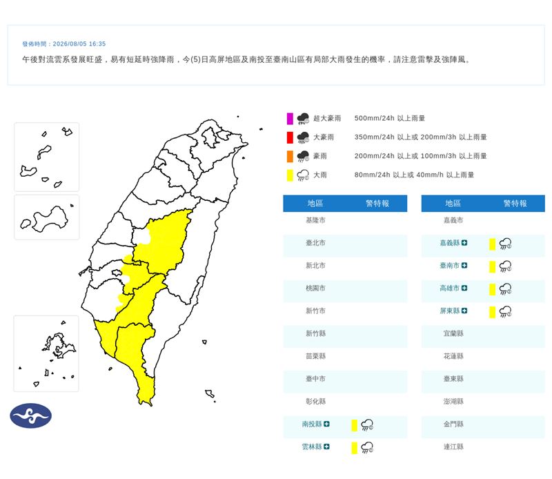 快訊/午後雨彈開炸 6縣市急發大雨特報(圖/翻攝自氣象署官網)