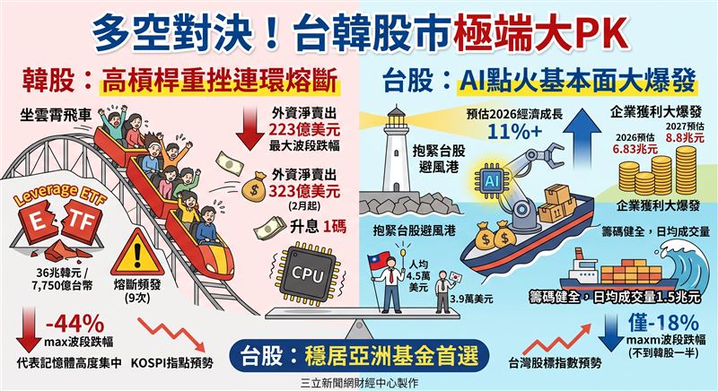 今年亞洲股市上演極端多空對決,韓股因高槓桿與半導體高度集中重挫,頻觸熔斷;反觀台股受惠AI需求與紮實基本面,波段回檔幅度僅對手一半,穩居亞洲基金首選。(AI製圖(圖/翻攝自X平台 @帳號))