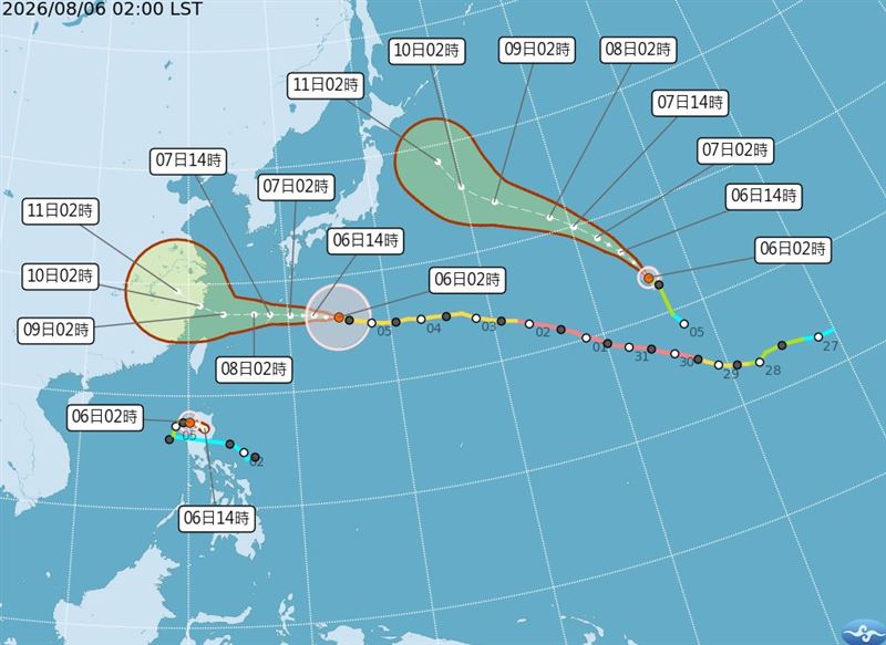 目前海面上共有3個颱風活動,包括中度颱風白海豚(中),及輕度颱風鯨魚(左)、昌鴻(右)。(圖/中央氣象署)