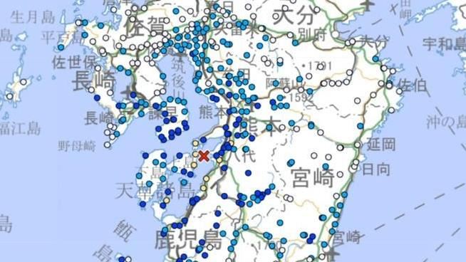 今(6)日在日本熊本縣天草、蘆北地區爆發規模5.1地震。(圖/日本氣象廳)