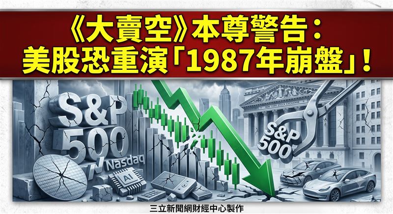 電影《大賣空》主角本尊、知名投資人貝瑞（Michael Burry）警告，美股恐怕即將觸頂，緊接而來的或是1987年崩盤慘劇重演。（圖／三立新聞網財經中心蕭榕AI製圖）